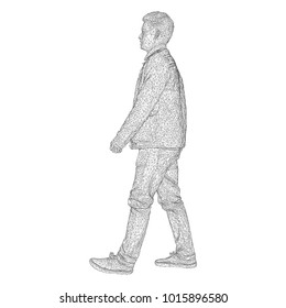 El hombre de la chaqueta está caminando por alguna parte. Especies de diferentes lados. Ilustración vectorial de una cuadrícula triangular negra sobre un fondo blanco.
