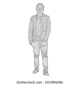 The man in the jacket is walking somewhere. Species from different sides. Vector illustration of a black triangular grid on a white background.