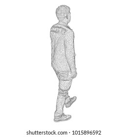 The man in the jacket is walking somewhere. Species from different sides. Vector illustration of a black triangular grid on a white background.