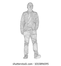 The man in the jacket is walking somewhere. Species from different sides. Vector illustration of a black triangular grid on a white background.