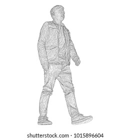 The man in the jacket is walking somewhere. Species from different sides. Vector illustration of a black triangular grid on a white background.