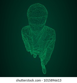 The man in the jacket is walking somewhere. Species from different sides. Vector illustration of a green neon glowing triangular grid on a black-and-green background.