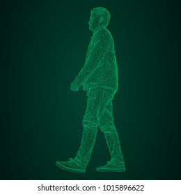 The man in the jacket is walking somewhere. Species from different sides. Vector illustration of a green neon glowing triangular grid on a black-and-green background.