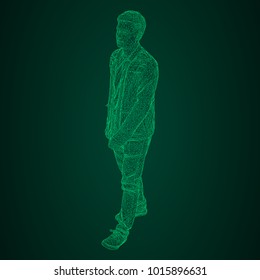 The man in the jacket is walking somewhere. Species from different sides. Vector illustration of a green neon glowing triangular grid on a black-and-green background.