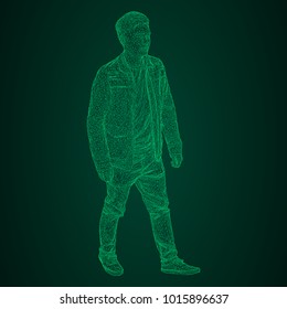 The man in the jacket is walking somewhere. Species from different sides. Vector illustration of a green neon glowing triangular grid on a black-and-green background.