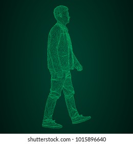 The man in the jacket is walking somewhere. Species from different sides. Vector illustration of a green neon glowing triangular grid on a black-and-green background.