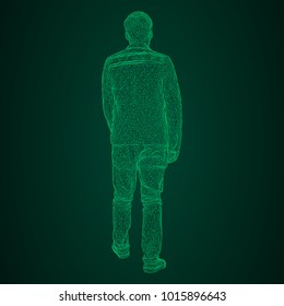 The man in the jacket is walking somewhere. Species from different sides. Vector illustration of a green neon glowing triangular grid on a black-and-green background.