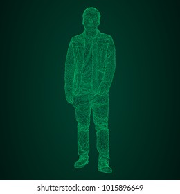 The man in the jacket is walking somewhere. Species from different sides. Vector illustration of a green neon glowing triangular grid on a black-and-green background.