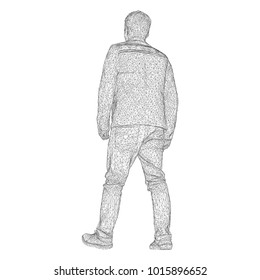 The man in the jacket is walking somewhere. Species from different sides. Vector illustration of a black triangular grid on a white background.