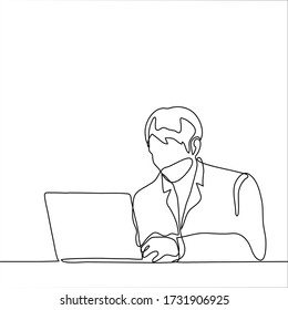  man in a jacket works at a laptop. One continuous line drawing programmer (web designer, copywriter, blogger, copywriter, writer, administrator, manager)