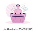 Man in jacuzzi with yoga mediation, warming and peaceful mind. Character design. Vector flat illustration