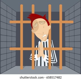 Man in jail cartoon. Crying prisoner behind the bars praying for forgiveness
