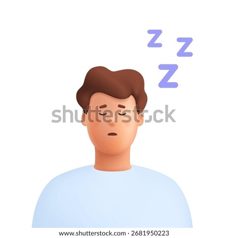 Man James sleeping and snoring with open mouth and with noise sound zzz's. Sleep apnea, snoring, medical health concept. 3d vector people character. Cartoon minimal style.