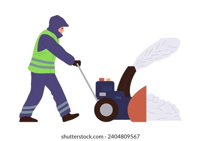 Man janitor cartoon character in uniform using automatic snowblowler machine for cleaning street