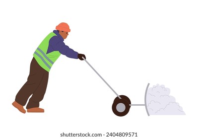 Man janitor cartoon character in uniform cleaning street with manual snow plow scraper tool