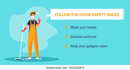 Man janitor in face mask pointing finger up. Professional cleaner uniform with mop for washing floor says important information about the prevention of coronavirus. Banner or flyer template with text.