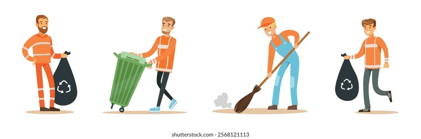 Man Janitor and Garbage Collector Cleaning Street Vector Set