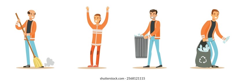 Man Janitor and Garbage Collector Cleaning Street Vector Set