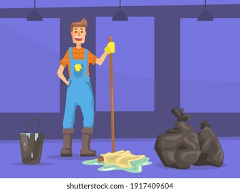 Man Janitor Gathering Trash, Male Professional Street Cleaner in Uniform Cartoon Vector Illustration