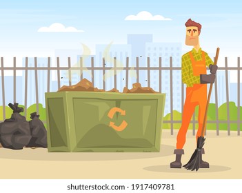 Man Janitor Gathering Trash, Male Professional Street Cleaner in Orange Overalls Cartoon Vector Illustration