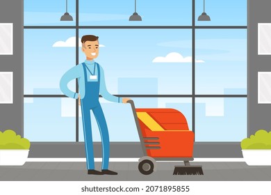 Man Janitor as Hotel Staff in Overall Vacuum Cleaning Floor Vector Illustration