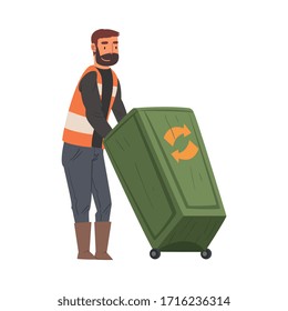 Man Janitor Pushing Garbage Bin Recycling Container, Male Professional Cleaning Staff Character Wearing Orange Vest, Cleaning Company Service Vector Illustration