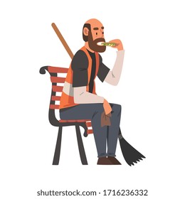 Man Janitor Sitting on Bench with Broom, Male Professional Cleaning Staff Character with Equipment, Cleaning Company Service Vector Illustration