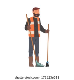 Man Janitor Sweeping with Broom and Scoop, Männliche Professionelle Reinigungskraft mit Ausstattung, Reinigungsfirma Service Vektorillustration Illustration