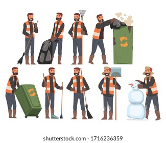 Man Janitor Sweeping and Gathering Garbage Set, Männlicher professioneller Reinigungskräfte, Orangenwesten tragen, Illustration der Vektorillustration des Reinigungsunternehmens