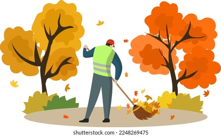 Man Janitor Sweeping Road from Leaves with Broom Flat Vector Illustration, autumn season, A man sweeping and cleans fallen leaves, autumn activities concept illustration, street cleaner janitor