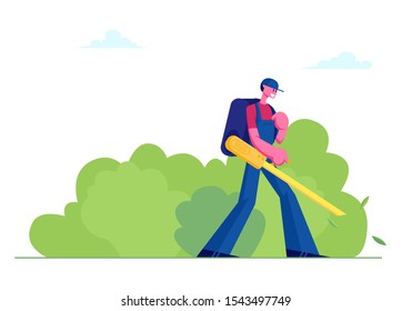 Man Janitor in Uniform with Big Backpack Blowing Autumn Leaves Away with Leaf Blower, Male Character Cleaning Street from Fallen Foliage in Fall Time. Social Service Cartoon Flat Vector Illustration