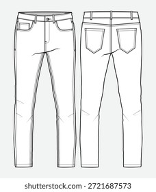 Man Jeans Hose Vorder-und Rückansicht Design technische flache Skizze Vektor Mockup Vorlage.