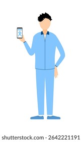  man in jersey posing with smartphone showing health app, Vector Illustration