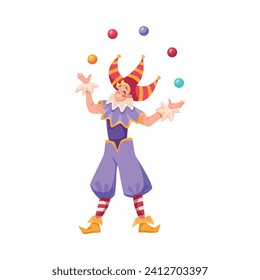 Man Jester or Clown Juggling Balls in the Air as Fairytale Character Vector Illustration