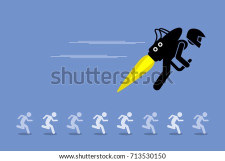 Man with jet pack flying ahead of everybody else. Vector artwork depicts advancing, moving forward, beating competitors, and competitive advantage.