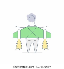Man with jetpack, getting ready to fly up,  take off the ground. Business concept career boost, start up and business growth. Flat outline vector illustration on white.
