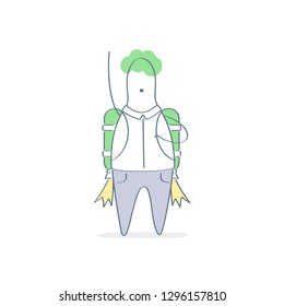 Man with jetpack ready for the future, rocket launch. New business start, career boost, startup and business growth, effort to reach the highest goal. Outline isolated vector on white background