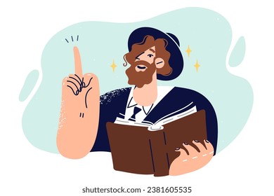 Man in jewish national clothing and hat holds torah book and points finger upward, calling for observance of jewish traditions. Jew guy reads torah to demonstrate commitment to religious values