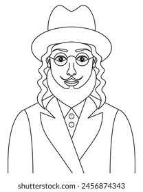 A man of Jewish nationality. Sketch. A young man with a beard and mustache, sidelocks on his temples, wearing a hat and round glasses. Vector illustration. Outline on isolated background. 