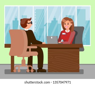 Man at Job Interview Color Vector Illustration. HR Agent Talking with Candidate. Female Boss Working on Laptop in Office. Nerd in Glasses Character Sitting at Desk. Cityscape View from Window