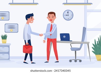 Man at Job Interview Handshake and Talking to Manager Vector Illustration