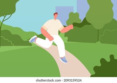 Man jog in park. Boy running outdoor, sport training on nature. Sporting concept, healthy lifestyle vector illustration