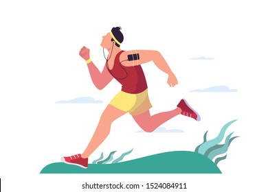 Man jogging. Active and healthy lifestyle, outdoor activity. Athlete on marathon. Isolated flat vector illustration