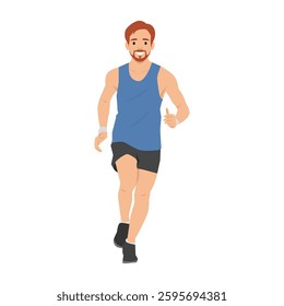 Man jogging in athletic wear, showing enthusiasm and dedication to fitness and a healthy lifestyle. Flat vector illustration isolated on white background