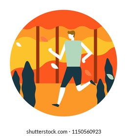 Man jogging in Autumn forest. Autumn scenery and activity. flat icon design. illustration vector