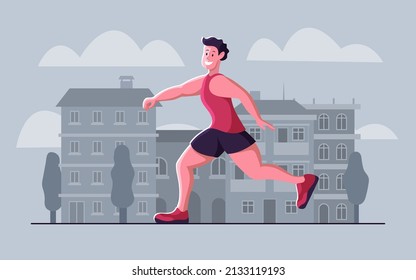 Man Jogging In A Big City. Cartoon Vector Illustration