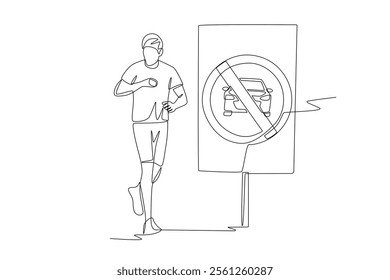 Man jogging in car free zone area. Car free zones concept one-line drawing