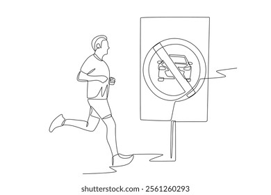 Man jogging in car free zone area. Car free zones concept one-line drawing