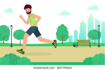 Man is Jogging in city Park and listening to music. Happy runner listens to music. Outdoor training, athletics. Concept Healthy active lifestyle. Vector illustration in modern flat style.