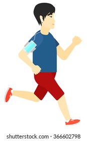 Man jogging with earphones and smartphone.